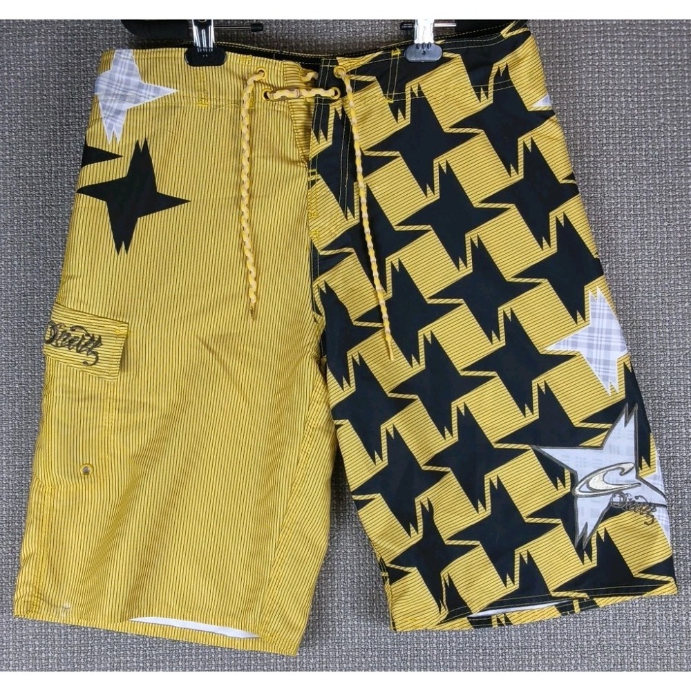 Vintage Y2K O'Neill Split Pattern Board Shorts Size 33 Yellow Black Star